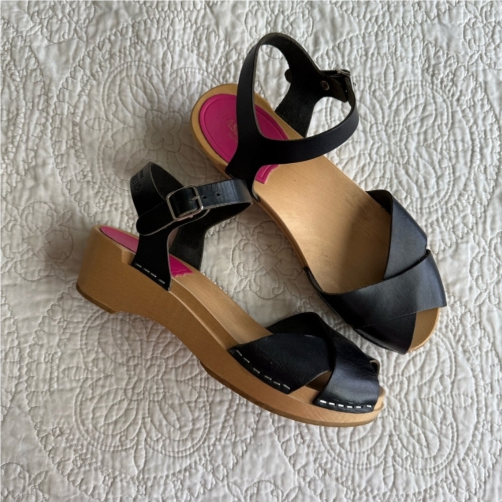 Swedish Hasbeens Black Leather Sandals